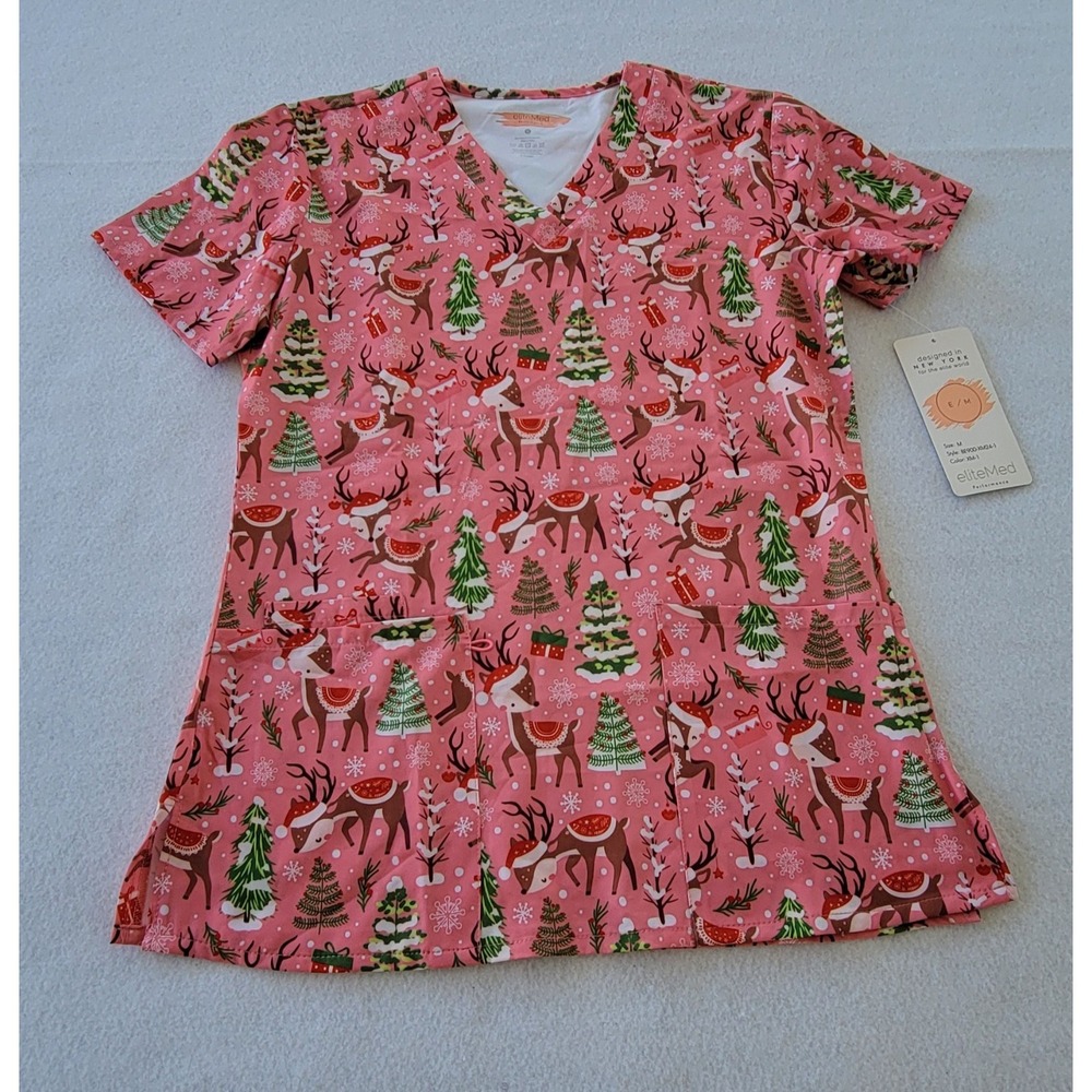 Elite‎ Med Performance Women's Scrub Tops M Christmas Tree Reindeer Coffee